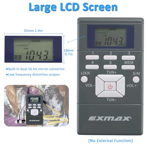 EXMAX E108 Wireless Stereo FM Radio Receiver - Portable Pocket Mini With Earbuds, LCD Clock for Translator Tour Guide System, Jogging, Running, Walking, Yardwork - Gray - Image 4