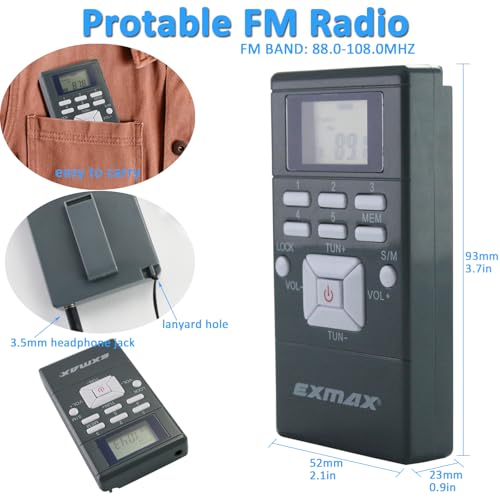 EXMAX E108 Wireless Stereo FM Radio Receiver - Portable Pocket Mini With Earbuds, LCD Clock for Translator Tour Guide System, Jogging, Running, Walking, Yardwork - Gray - Image 2