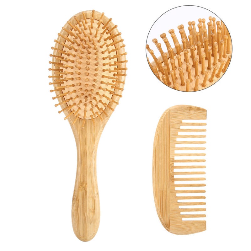 Natural Bamboo Comb Set: 2Pcs Anti Static Comb - Round Flat Teeth Non Slip Scalp Massage Comb for Sensitive Scalp All Hair Types - Image 3
