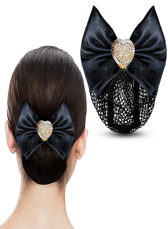 Lykaa Premium Satin Bow Hair Clip With Heart Floral Hair Snood Net Jali, Barrette Bun Cover for Bridal Wedding Hair Accessories for Women & Girls | Elegant Rhinestone Heart Center | Fancy Hair (Pack of 1) (BLACK) - Image 1