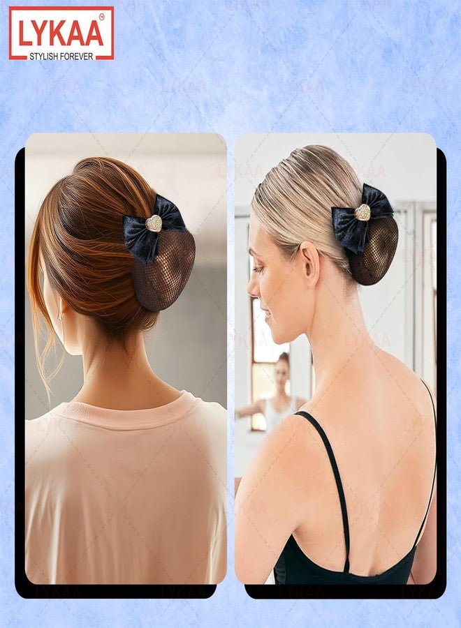 Lykaa Premium Satin Bow Hair Clip With Heart Floral Hair Snood Net Jali, Barrette Bun Cover for Bridal Wedding Hair Accessories for Women & Girls | Elegant Rhinestone Heart Center | Fancy Hair (Pack of 1) (BLACK) - Image 4