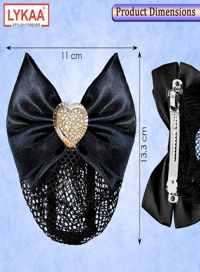 Lykaa Premium Satin Bow Hair Clip With Heart Floral Hair Snood Net Jali, Barrette Bun Cover for Bridal Wedding Hair Accessories for Women & Girls | Elegant Rhinestone Heart Center | Fancy Hair (Pack of 1) (BLACK) - Image 2