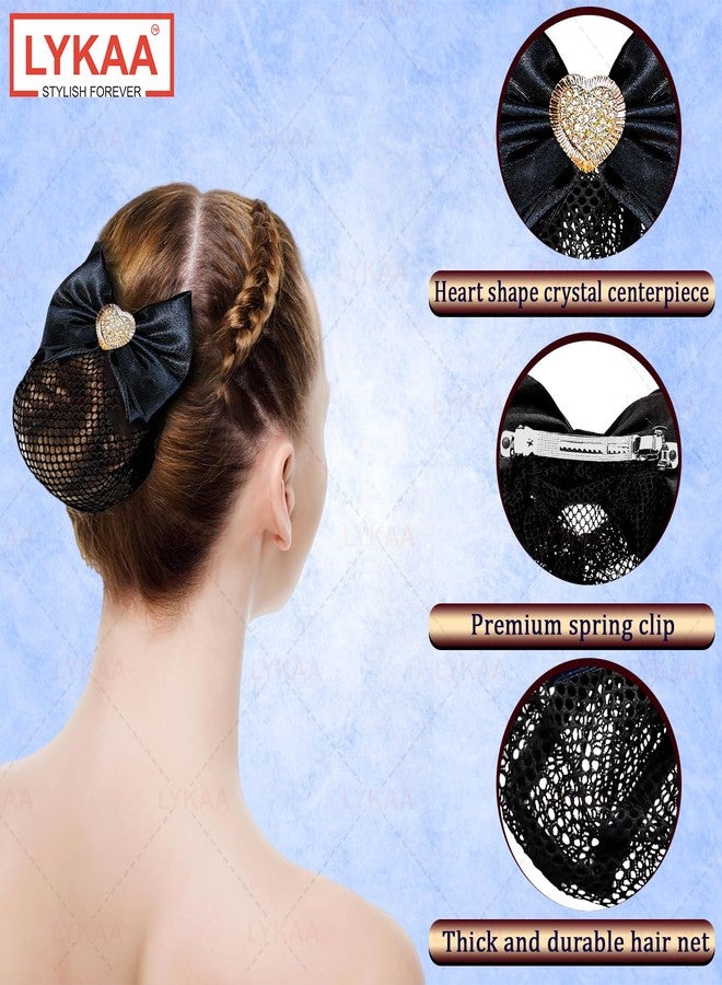 Lykaa Premium Satin Bow Hair Clip With Heart Floral Hair Snood Net Jali, Barrette Bun Cover for Bridal Wedding Hair Accessories for Women & Girls | Elegant Rhinestone Heart Center | Fancy Hair (Pack of 1) (BLACK) - Image 3