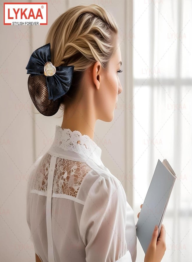Lykaa Premium Satin Bow Hair Clip With Heart Floral Hair Snood Net Jali, Barrette Bun Cover for Bridal Wedding Hair Accessories for Women & Girls | Elegant Rhinestone Heart Center | Fancy Hair (Pack of 1) (BLACK) - Image 5