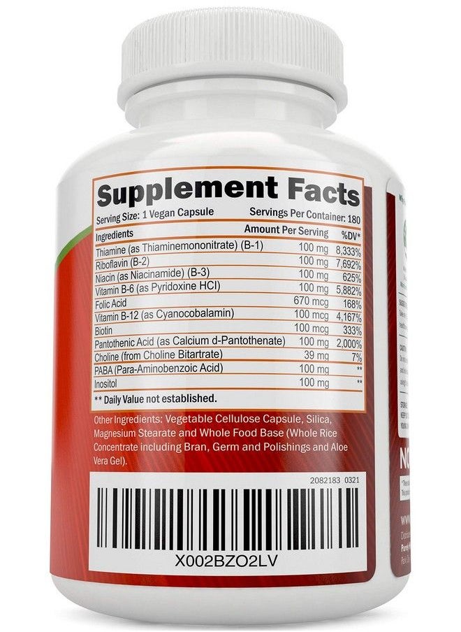 Purely Holistic - Vitamin B Complex 8 Super B Complex Vitamins With Choline & Inositol Vitamins B1 B2 B3 B5 B6 B8 B9 & B12 B100 Complex 180 Vegan Capsules 6 Month Supply Made In The Usa - Image 1