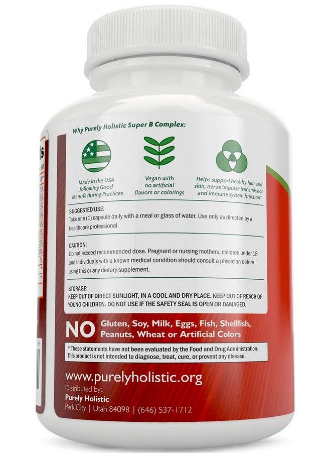 Purely Holistic - Vitamin B Complex 8 Super B Complex Vitamins With Choline & Inositol Vitamins B1 B2 B3 B5 B6 B8 B9 & B12 B100 Complex 180 Vegan Capsules 6 Month Supply Made In The Usa - Image 1
