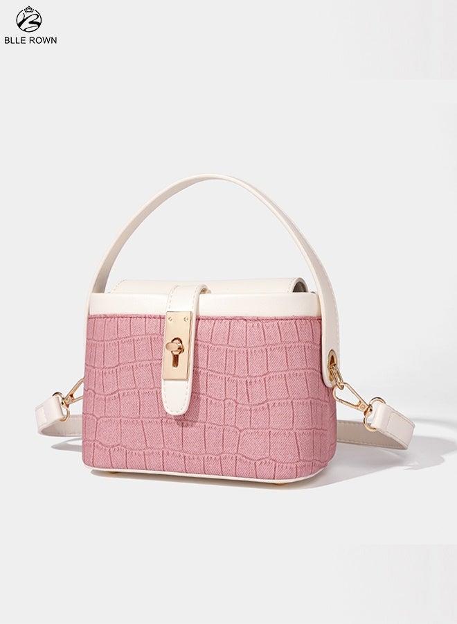 بليه روان حقيبة يد نسائية ذات نسيج تمساح بملمس تمساح نسائي حقيبة يد علوية ذات مقبض وردي ولون أبيض حقيبة كتف جلدية كلاسيكية للسيدات - Image 3