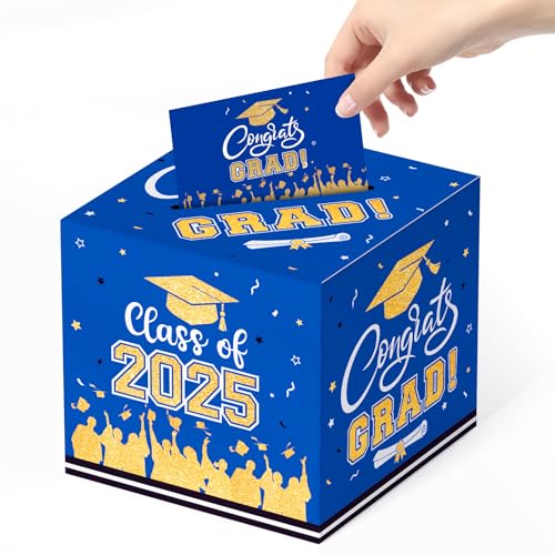 PERFQU Graduation Card Box 2025 - Congrats Grad Card Boxes Holder, Blue and Gold Class of 2025 Graduation Gift Cards Box for Graduation Party Decorations 2025 Favors Decor Supplies Props,9x 9 x 9 inches - Image 2