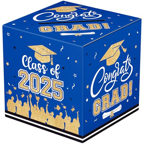 PERFQU Graduation Card Box 2025 - Congrats Grad Card Boxes Holder, Blue and Gold Class of 2025 Graduation Gift Cards Box for Graduation Party Decorations 2025 Favors Decor Supplies Props,9x 9 x 9 inches - Image 1