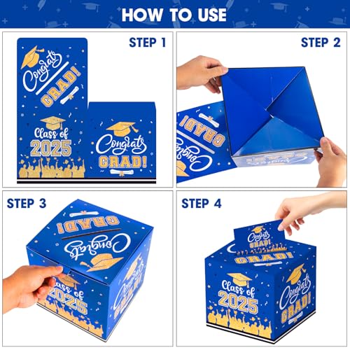PERFQU Graduation Card Box 2025 - Congrats Grad Card Boxes Holder, Blue and Gold Class of 2025 Graduation Gift Cards Box for Graduation Party Decorations 2025 Favors Decor Supplies Props,9x 9 x 9 inches - Image 5