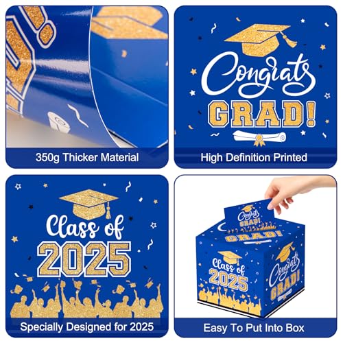 PERFQU Graduation Card Box 2025 - Congrats Grad Card Boxes Holder, Blue and Gold Class of 2025 Graduation Gift Cards Box for Graduation Party Decorations 2025 Favors Decor Supplies Props,9x 9 x 9 inches - Image 4