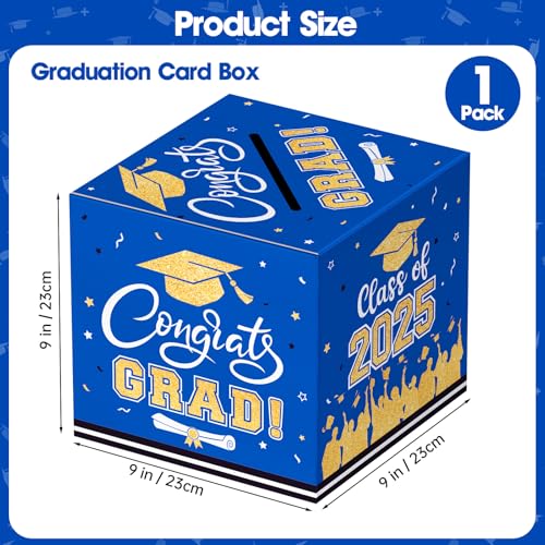PERFQU Graduation Card Box 2025 - Congrats Grad Card Boxes Holder, Blue and Gold Class of 2025 Graduation Gift Cards Box for Graduation Party Decorations 2025 Favors Decor Supplies Props,9x 9 x 9 inches - Image 3