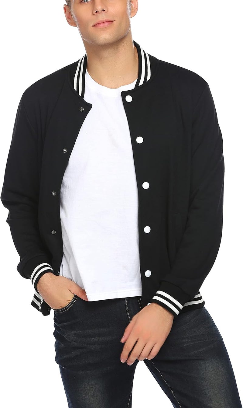 COOFANDY Men's Fashion Varsity Jacket - Slim Fit Cotton Bomber Jacket in Pitch-black - Image 3