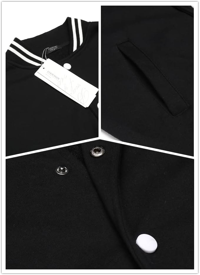 COOFANDY Men's Fashion Varsity Jacket - Slim Fit Cotton Bomber Jacket in Pitch-black - Image 5