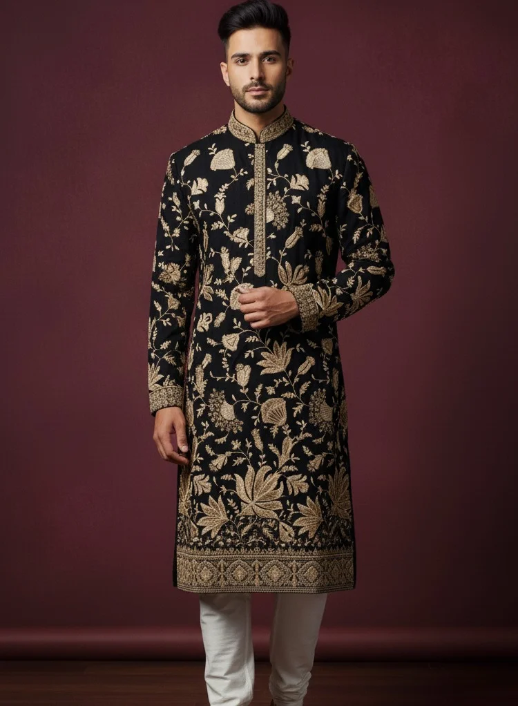 Lehar Black Embroidered Kurta with Golden Thread Detailing