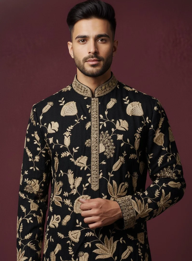 Lehar Black Embroidered Kurta with Golden Thread Detailing
