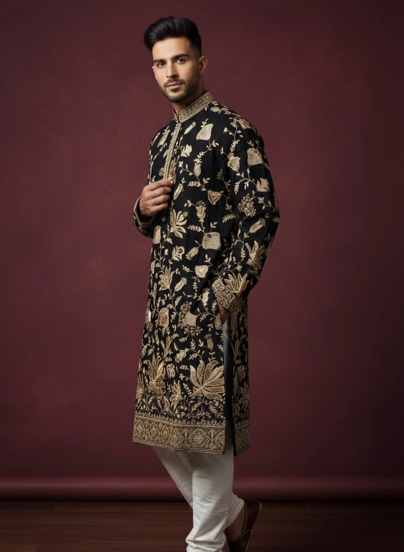 Lehar  Black Embroidered Kurta with Golden Thread Detailing for Men | Best Price UAE