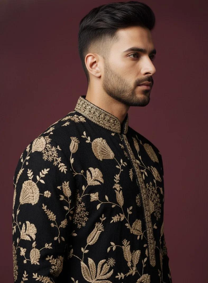 Lehar  Black Embroidered Kurta with Golden Thread Detailing for Men | Best Price UAE