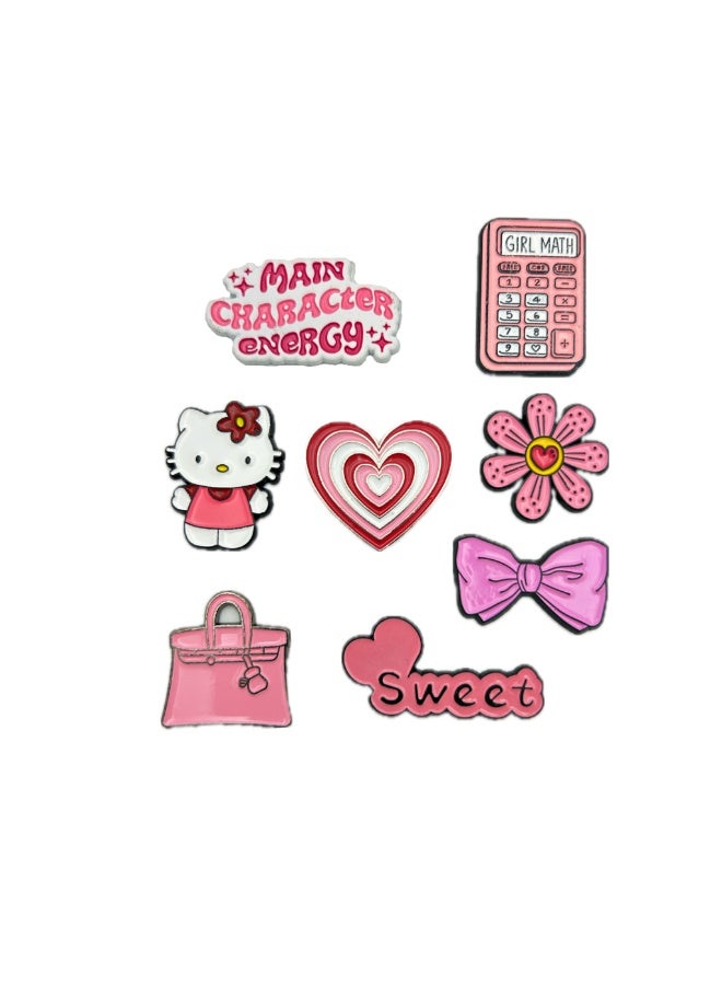 Hello Kitty 8 pieces of Metal stickers - MAIN CHARACTER ENERGY logo GIRL MATH Calculator and Hello Kitty logo and Heart logo and Daisy Flower logo and Luxury Handbag and Sweet Text logo Hair Bow logo- Premium Quality Metal for Mobile, Laptop, Backpacks and more. - Image 1