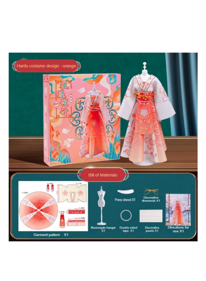 general China Hanfu Dress-up Doll Clothing Designer Handmade DIY Material Kit Birthday Gift for Girls Hanfu Design - Purple Chinese Traditional Formal Clothing Toy Educational Cuteness Trendy New Fashion Popular Beautiful Festival Children's Character Creative Classical Traditional - Orange (can make 1 set of skirt) - Image 1