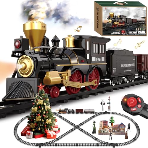 BUBUQE Train Set for Kids Remote Control Train Toys wSteam Locomotive Fuel Tank Car  Luxury Tracks Electric Trains wRealistic SmokeSounds  Lights Christmas Birthday Gift for Boys Girls 3 4 5 6 7 - Image 1
