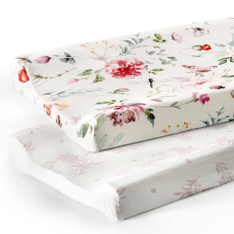 طقم غطاء وسادة تغيير من قماش جيرسي ناعم للغاية قابل للتمدد 2 حزمة يناسب وسائد تغيير 32x34 x 16 آمنة ومريحة بنمط زهور وحشرات جميلة للبنات