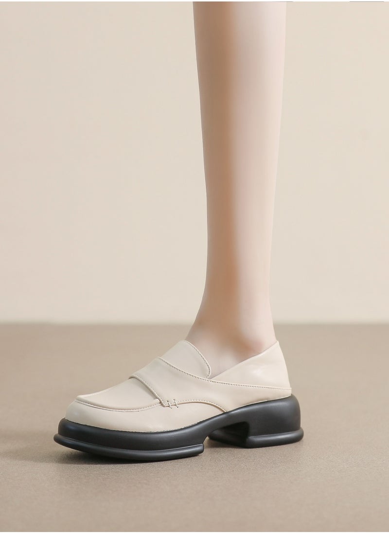 Loquat Round Toed English Style Leather Shoes Beige  - Image 2