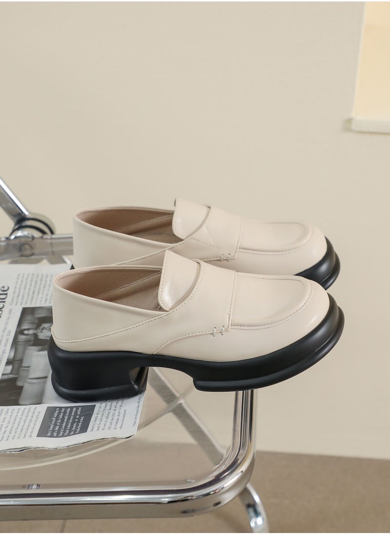 Loquat Round Toed English Style Leather Shoes Beige  - Image 1