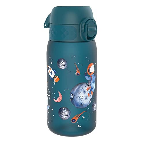 ION8 Small Water Bottle, 350 ml/12 oz, Leak Proof, Easy to Open, Secure Lock, Dishwasher Safe, BPA Free, Carry Handle, Flip Cover, Easy Clean, Odor Free, Carbon Neutral, Deep Teal, Space Travel Design - Image 1