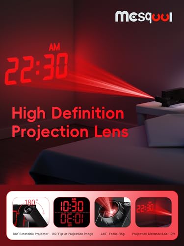 Mesqool Projection Alarm Clock, Digital Clock with 180° Rotatable Projector, 5-Level Brightness Dimmer, Clear LED Display, USB Charger, Progressive Volume, 9mins Snooze,12/24H, for Bedroom - Image 4