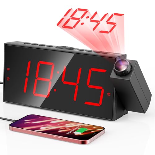 Mesqool Projection Alarm Clock, Digital Clock with 180° Rotatable Projector, 5-Level Brightness Dimmer, Clear LED Display, USB Charger, Progressive Volume, 9mins Snooze,12/24H, for Bedroom - Image 1