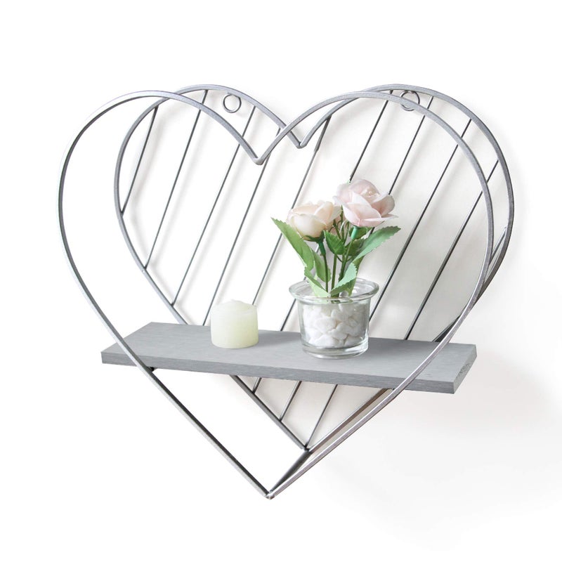 Afuly Floating Shelf Grey Shelves for Wall Metal Heart Silver Farmhouse Design for Bedroom Bathroom Toilet Gift Decor for Christmas
