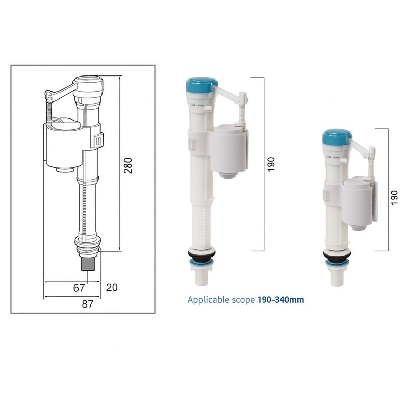 MASTER BATH صمام تعبئة خزان المرحاض، صمام مدخل مياه خزان المرحاض قابل للتعديل من 7” إلى 10” بوصة، مجموعة إصلاح صمام كرة خزان المرحاض المضاد للشفط - Image 3