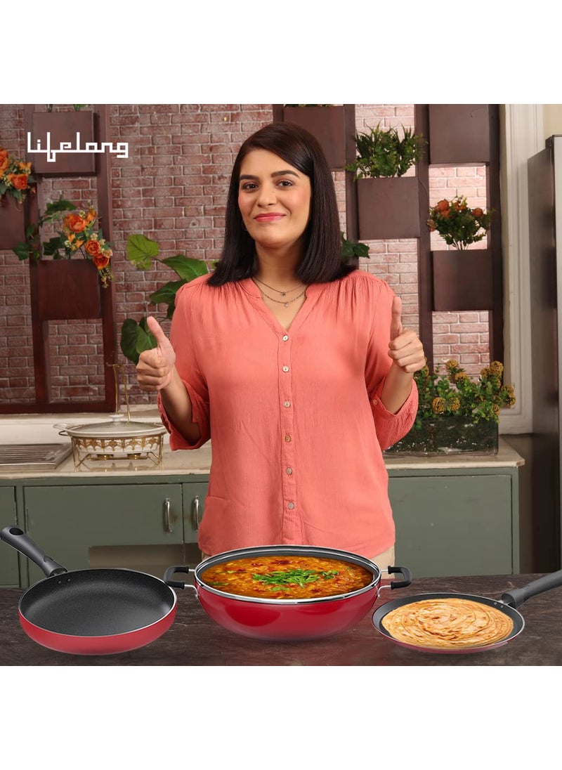Lifelong Lifelong Induction Base Non Stick Aluminium Cookware Set of 3| Nonstick Kadai with Glass Lid, 23cm| Nonstick Flat Tawa, 24cm| Nonstick Frying Pan, 22cm (Burgundy, LLCK21)  - Image 2