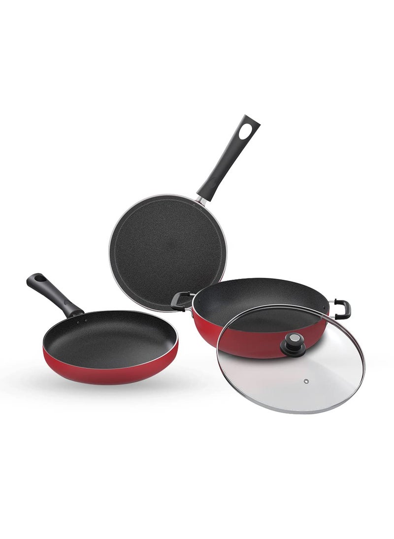 Lifelong Lifelong Induction Base Non Stick Aluminium Cookware Set of 3| Nonstick Kadai with Glass Lid, 23cm| Nonstick Flat Tawa, 24cm| Nonstick Frying Pan, 22cm (Burgundy, LLCK21)  - Image 1