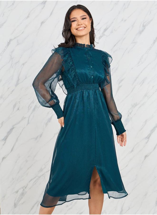 Styli - Shiny Organza Frill Detail High Neck A-Line Midi Dress - Image 1