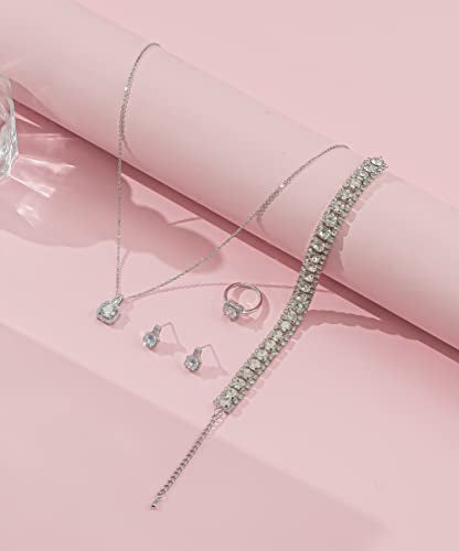 Paxuan 4pcs Cubic Zirconia Wedding Jewelry Sets for Bride Bridesmaid Cubic Zirconia Pendant Necklace Earrings Link Tennis Bracelet Open Ring Set for Women - Image 3