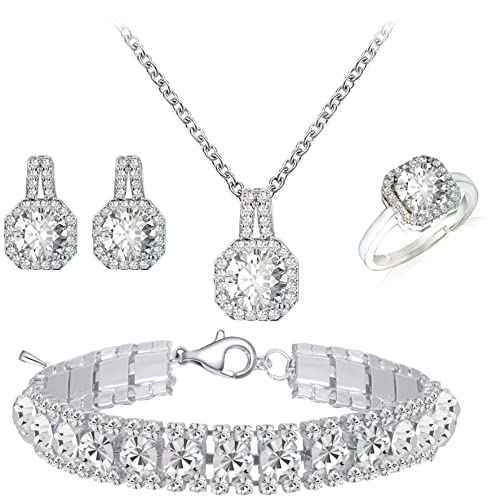Paxuan 4pcs Cubic Zirconia Wedding Jewelry Sets for Bride Bridesmaid Cubic Zirconia Pendant Necklace Earrings Link Tennis Bracelet Open Ring Set for Women - Image 1