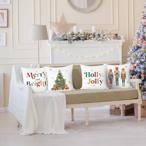 Bonhause Christmas Nutcracker Throw Pillow Covers 18 x 18 Inch Xmas Tree Merry Bright Holly Jolly Decorative Pillow Cases for Couch Bed Home Winter Holiday Decor Set of 4 - Image 3