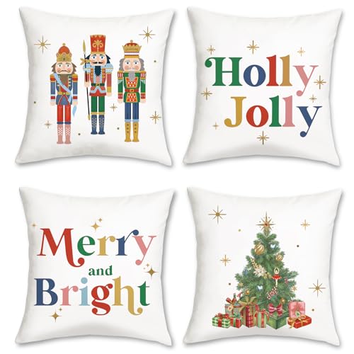 Bonhause Christmas Nutcracker Throw Pillow Covers 18 x 18 Inch Xmas Tree Merry Bright Holly Jolly Decorative Pillow Cases for Couch Bed Home Winter Holiday Decor Set of 4 - Image 1