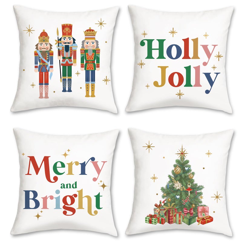 Bonhause Christmas Nutcracker Throw Pillow Covers 18 x 18 Inch Xmas Tree Merry Bright Holly Jolly Decorative Pillow Cases for Couch Bed Home Winter Holiday Decor Set of 4 - Image 2