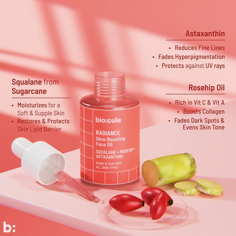 biocule Radiance Glow Boosting Face Oil with Sugar Squalane Rosehip  Astaxanthin Natural Facial Oil for Bright Even  Glowing Skin Lightweight  Fast Absorbing Suitable for All Skin Types 15ml - Image 3
