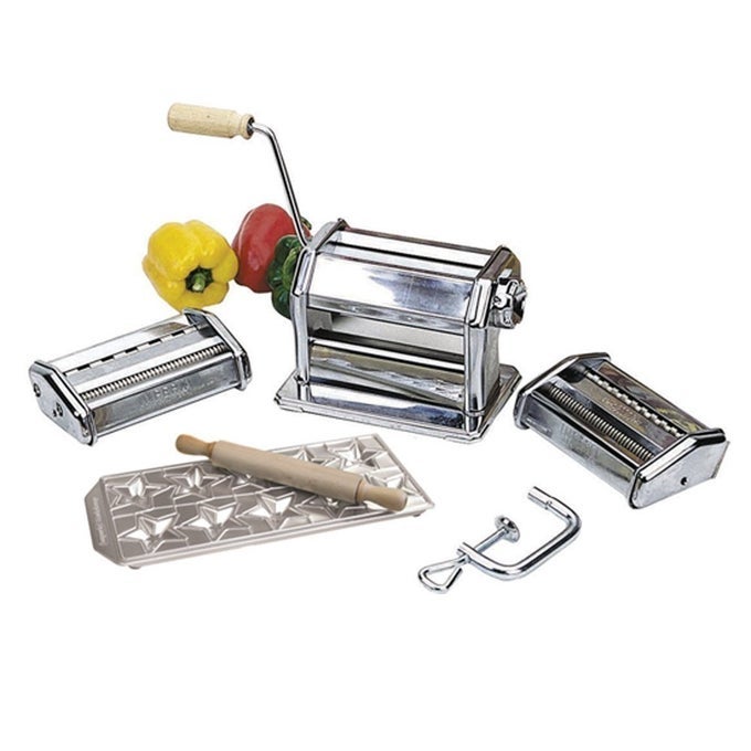 PASTA MAKER MACHINE BY HEAVY DUTY DELUXE SET W 2 ATTACHMENTS MADE IN ITALY STAR RAVIOLI MOLD ROLLING PIN STEEL CONSTRUCTION W WOODEN GRIP HANDLE MAKE FRESH AUTHENTIC ITALIAN NOODLES