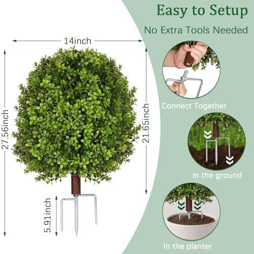 Olpchee Artificial Boxwood Topiary Trees for Outdoors, 2 Pack Faux Topiary Ball Tree UV Resistant Fake Shrubs Evergreen Bush Plants for Front Porch Garden Yard Balcony Wedding Decor, 2 Led String Light - Image 5