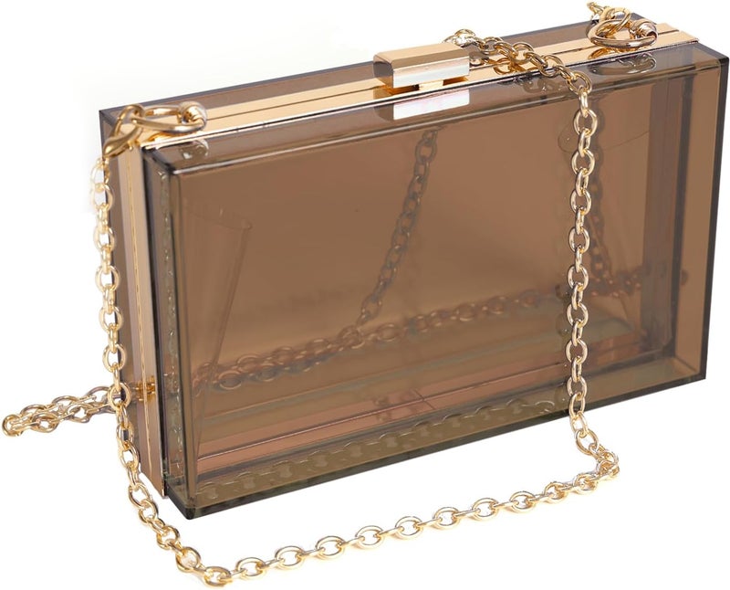 WJCD Women Clear Purse Acrylic Box Clutch Handbag, Small Transparent Crossbody Evening Bag Stadium Approved Gold Chain Strap - Image 1