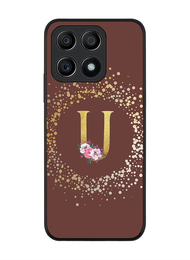 Stylizedd Rugged Black edge case for Honor X8A 4G Slim fit Soft Case Flexible Rubber Edges Anti Drop TPU Gel Thin Cover - Custom Monogram Initial Letter Floral Pattern Alphabet - U (Brown) - Image 1