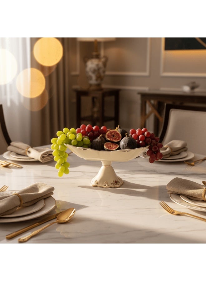 AKDC Angela Premium 29x13cm, Footed Cream Ceramic Fruit Serving Bowl with Floral Design, Elegant Centerpiece - Image 1