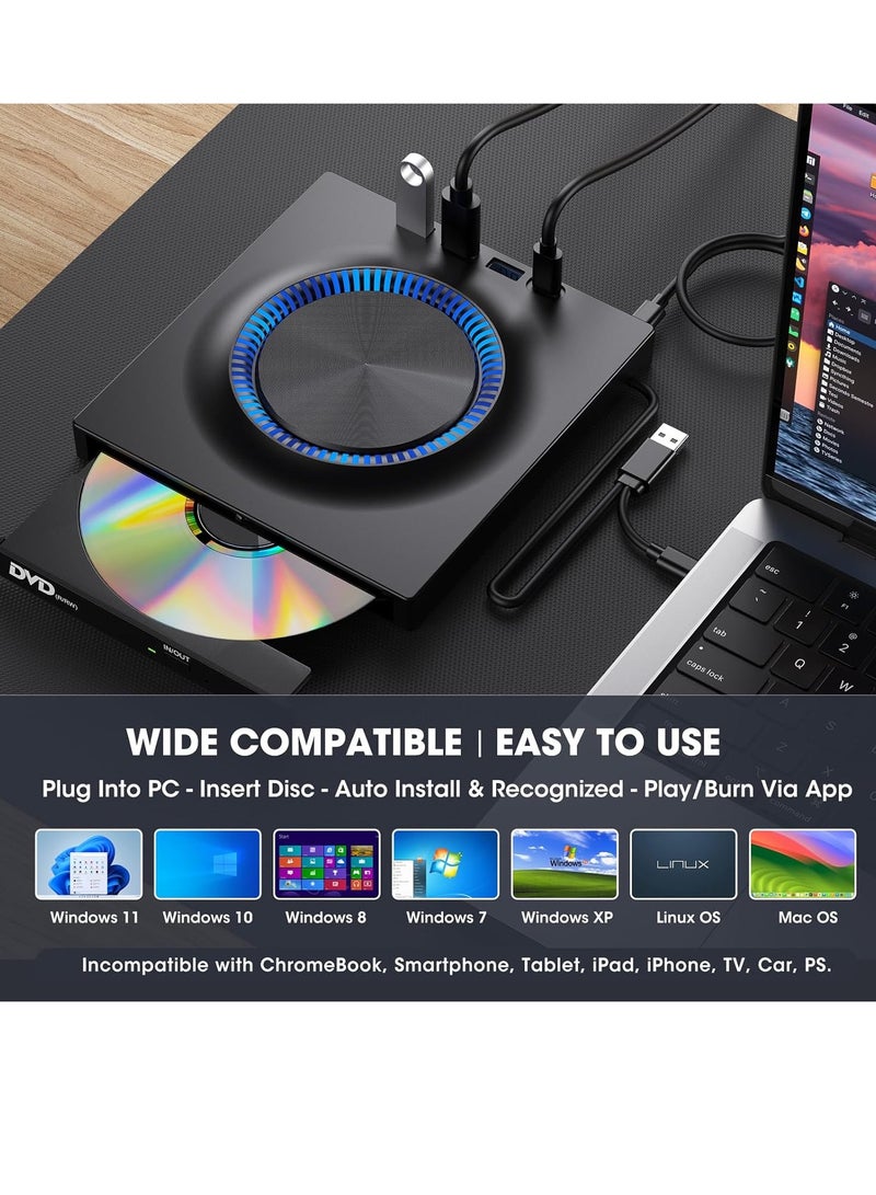 External DVD drive, CD burner, DVD player with USB 3.0 and USB-C hubs and SD card reader, portable DVD, CD ROM +/-RW drive, portable CD drive for laptops and Macs - Image 5