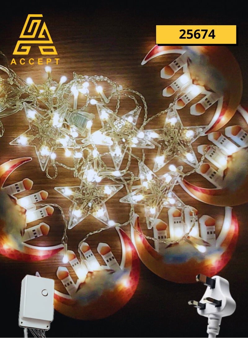 Ramadan Crescent Moon and Star Electric Decoration Yellow Light with 8 Different Lighting Modes - Image 1