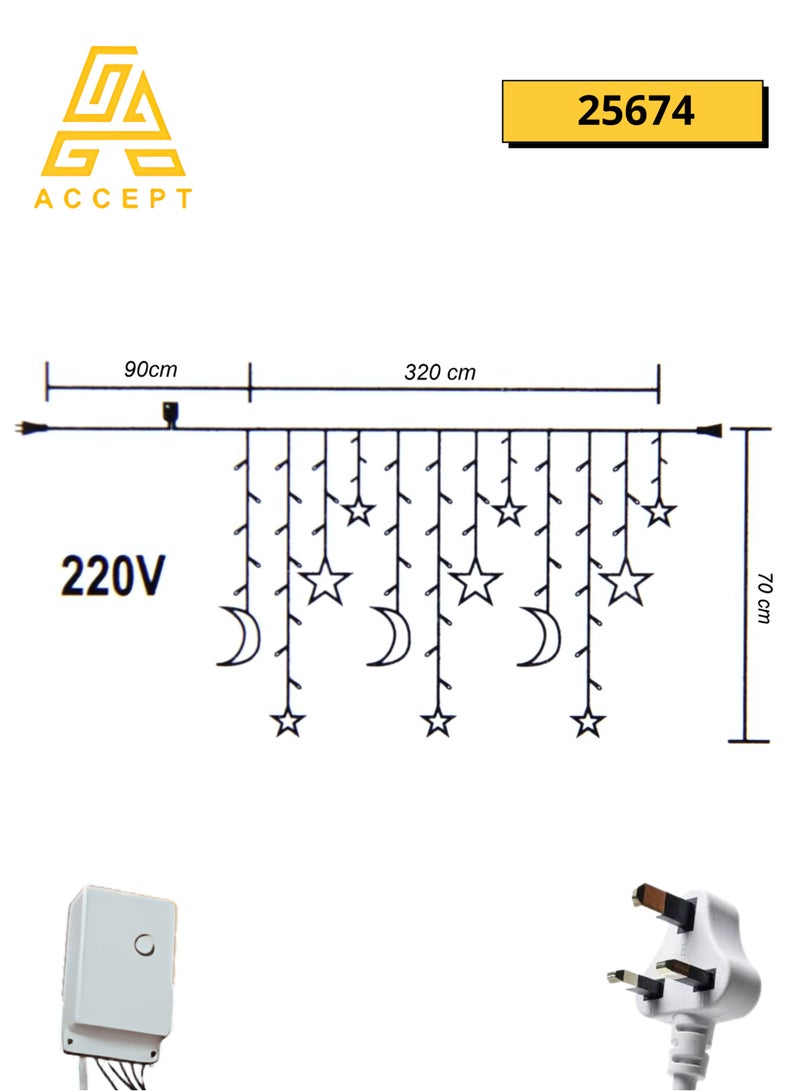 Ramadan Crescent Moon and Star Electric Decoration Yellow Light with 8 Different Lighting Modes - Image 2